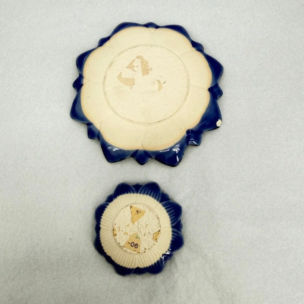 Pier 1 Ceramic Lotus Flower Trinket Dish Set Cobalt Blue Floral Decor 2 Pc Small